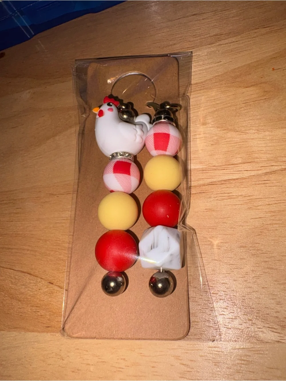 Whimsical Chicken Bead Bookmark - Red, Yellow, White